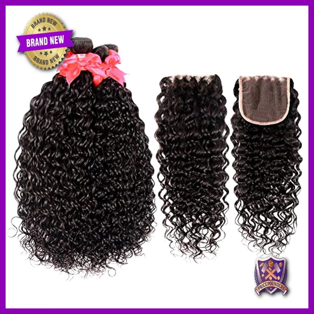 Brazilian Human Hair Extensions Water Wave Bundles with 4x4 Lace Closure
